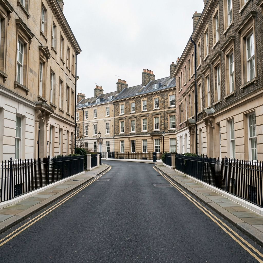 Wide view of a quiet London street in the EC1 area with Georgian stone buildings and iron railings, soft overcast daylight, no people