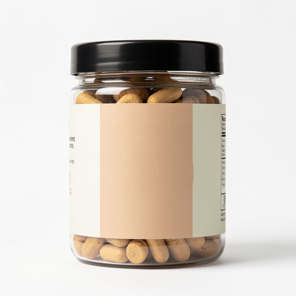 Supplement jar with label on clean white background, precise editorial product shot with controlled studio lighting